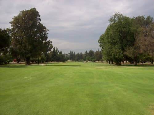 On-course view of Whittier Narrows River/Pine Course: Pine nine tree-lined fairway.
