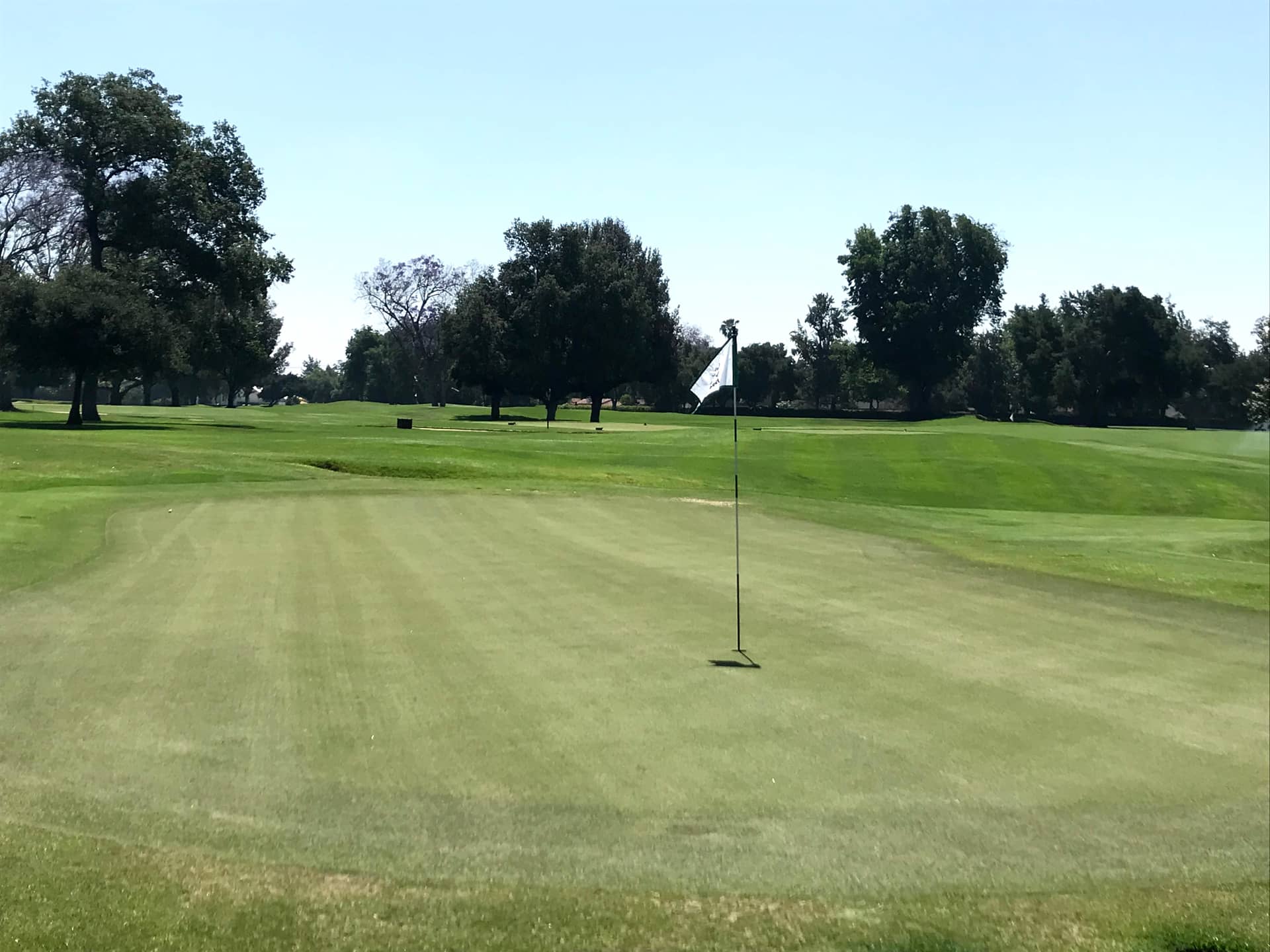 The par-3 11th green at San Gabriel Country Club, framed by mature oaks.