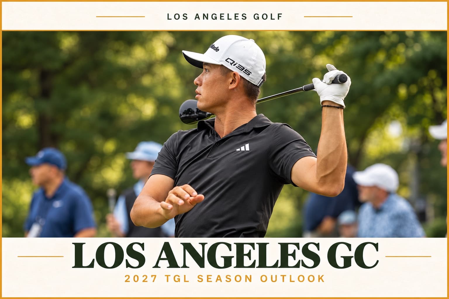 Editorial composite featuring Collin Morikawa from a 2025 Travelers Championship photograph; not a TGL match.