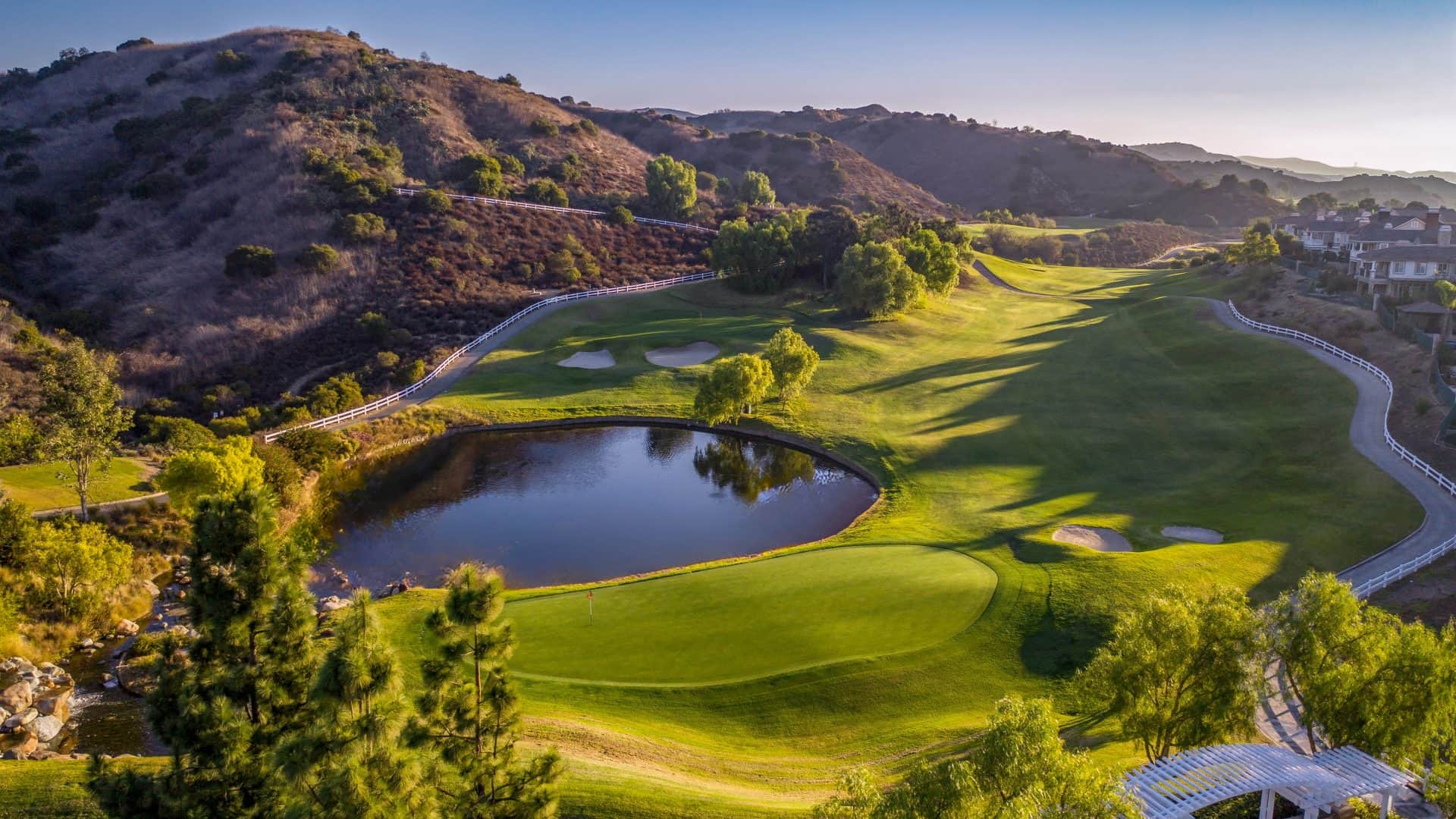 Signature par-4 18th finishing hole and cascading waterfall at Black Gold Golf Club, Yorba Linda, CA. Photo courtesy of Black Gold Golf Club (blackgoldgolf.com), used for editorial coverage.